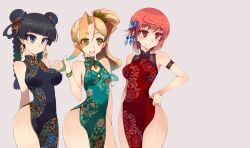  3girls bare_shoulders black_hair blonde_hair blue_eyes braid breasts bun_cover china_dress chinese_clothes commentary_request curvy double_bun dress earrings green_eyes grin hair_bun hair_ornament hand_on_own_hip hip_focus hoop_earrings jewelry kagaminomachi_no_kaguya kaguya_(kagaminomachi_no_kaguya) kusanagi_tonbo large_breasts long_hair multiple_girls official_art otohime_(kagaminomachi_no_kaguya) pointy_ears red_eyes red_hair saruwatari_akari short_hair side_ponytail simple_background smile twin_braids wide_hips 