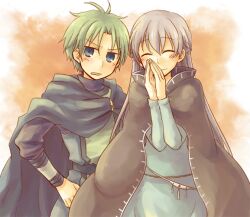  1boy belly_chain blue_dress blue_eyes blush cape cloak closed_eyes commentary_request dress female fire_emblem fire_emblem:_the_binding_blade green_hair jewelry long_hair long_sleeves open_mouth own_hands_together photoshop_(medium) purple_hair raigh_(fire_emblem) serina_ranshi simple_background smile sophia_(fire_emblem) very_long_hair 