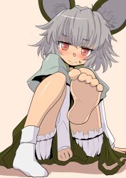  animal_ears barefoot beige_background between_legs bloomers blush capelet closed_mouth commentary_request covering_crotch covering_privates dress feet female foot_focus hand_between_legs ishikkoro long_sleeves looking_at_viewer mouse_ears mouse_tail nazrin pink_background red_eyes short_hair simple_background single_sock sitting socks soles solo sweatdrop tail toe_scrunch toes touhou underwear white_socks 