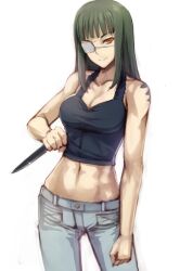  abs bare_shoulders black_hair breasts cleavage commentary_request crop_top denim eyepatch female jeans jormungand_(manga) knife long_hair medium_breasts midriff navel orange_eyes pants prime_(prime_tw) reverse_grip smile sofia_valmer solo tank_top tattoo toned weapon white_background 