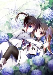  2girls :q bad_id bad_pixiv_id blue_eyes blurry brown_hair depth_of_field fate_testarossa flower hair_ribbon highres holding_hands hydrangea interlocked_fingers looking_at_viewer lying lyrical_nanoha mahou_shoujo_lyrical_nanoha mahou_shoujo_lyrical_nanoha_a&#039;s multiple_girls nishina_(alive001) on_back open_mouth pantyhose red_eyes ribbon takamachi_nanoha tongue tongue_out transparent transparent_umbrella twintails umbrella yuri 