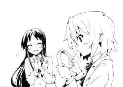  2girls akiyama_mio blush commentary_request greyscale hair_down hairband k-on! long_hair monochrome multiple_girls nome_(nnoommee) open_mouth sakuragaoka_high_school_uniform school_uniform simple_background tainaka_ritsu uniform unworn_hairband unworn_headwear 