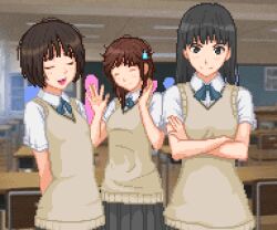  3girls amagami arms_up asagiri_(asgr-a) ayatsuji_tsukasa black_eyes black_hair blush bob_cut brown_hair chair classroom closed_eyes commentary_request crossed_arms desk grey_skirt kibito_high_school_uniform long_hair messy_hair multiple_girls pixel_art pleated_skirt sakurai_rihoko school_desk school_uniform short_hair short_sleeves skirt sweatdrop sweater_vest tachibana_miya 