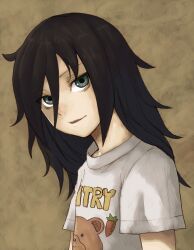  bad_id bad_pixiv_id bags_under_eyes black_hair blue_eyes clothes_writing kuroki_tomoko lolicept long_hair shirt solo t-shirt watashi_ga_motenai_no_wa_dou_kangaetemo_omaera_ga_warui! 