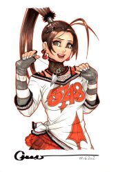  alternate_costume brown_eyes brown_hair commentary dated earrings english_commentary eyeshadow female fingerless_gloves gloves hair_ornament hairclip ibuki_(street_fighter) jewelry kunai long_hair makeup marker_(medium) omar_dogan open_mouth ponytail signature simple_background solo street_fighter traditional_media weapon 