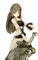  3d artist_request atelier_(series) atelier_ayesha black_eyes black_hair cel_shading cropped_jacket female game_model huge_weapon linca_(atelier) linca_(eighth)_(atelier) long_hair official_art photoshop_(medium) solo sword weapon white_background 