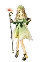  3d ahoge artist_request atelier_(series) atelier_ayesha ayesha_altugle bow brown_eyes brown_hair dress female flower full_body game_model green_skirt hair_flower hair_ornament hair_ribbon lily_(flower) long_hair off-shoulder_dress off_shoulder official_art platform_footwear ribbon simple_background skirt solo staff waist_bow white_background wrist_cuffs 