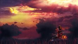  1boy backwards_hat bag baseball_cap bird cloud commentary_request cyndaquil ethan_(pokemon) grass hat highres ho-oh nature perspective pokemon pokemon_(creature) pokemon_hgss red_sky scenery sitting sky sunset toitoi508 tree 