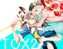  1boy animal blue_eyes brown_hair carrying coat dress elle_mel_martha feline female grey_hair hat jewelry ludger_will_kresnik lulu_(tales) lulu_(tales_of_xillia_2) necklace necktie open_mouth pants tales_of_(series) tales_of_xillia tales_of_xillia_2 twintails 