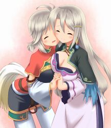  2girls akeyama breast_press breasts cleavage closed_eyes commentary_request holding_hands interlocked_fingers large_breasts ling_hua long_hair mother_and_daughter multiple_girls pantyhose rune_factory rune_factory_4 silver_hair smile tail xiao_pai 