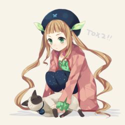  animal aqua_eyes blush brown_hair coat dress elle_mel_martha feline female grey_background hat long_hair lulu_(tales) lulu_(tales_of_xillia_2) tales_of_(series) tales_of_xillia tales_of_xillia_2 twintails 