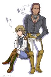  2boys al-cid_margrace al-cid_margrace_(cosplay) antonio_lopez barnaby_brooks_jr. blonde_hair brown_hair commentary_request cosplay dark-skinned_male dark_skin final_fantasy final_fantasy_xii green_eyes larsa_ferrinas_solidor larsa_ferrinas_solidor_(cosplay) male_focus multiple_boys parody pochika_s tiger_&amp;_bunny 