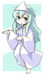  :&lt; aqua_hair barefoot commentary_request female furuya_mero grey_eyes japanese_clothes kimono kugelschreiber long_hair right-over-left_kimono sankarea shiroshouzoku solo triangular_headpiece white_kimono 