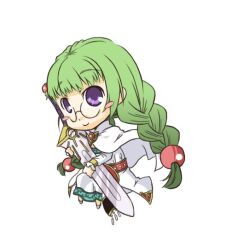  blush_stickers cape chibi female glasses green_hair long_hair philia_felice purple_eyes robe smile sword tales_of_(series) tales_of_destiny weapon 