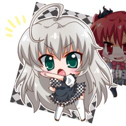  2girls ahoge bad_id bad_pixiv_id checkered_clothes checkered_skirt chibi cthugha_(nyaruko-san) green_eyes grey_hair haiyore!_nyaruko-san henshin_pose multiple_girls noai_nioshi nyarlathotep_(nyaruko-san) open_mouth red_eyes red_hair school_uniform skirt standing thighhighs white_legwear 