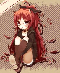  alternate_color animal_ears bad_id bad_pixiv_id bell bespectacled boots bow cat_ears collar female food glasses hair_ornament hairbow hairpin heart jacket kemonomimi_mode long_hair mahou_shoujo_madoka_magica mahou_shoujo_madoka_magica_(anime) nochita_shin oerba_yun_fang open_mouth pocky ponytail red_eyes red_hair sakura_kyoko short_shorts shorts solo very_long_hair wide_ponytail 