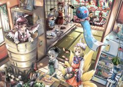  6+girls absurdres apron armband ascot bird_wings blonde_hair blue_eyes blue_hair blush bottle bowl brooch brown_hair bucket cabbage calendar_(object) carrot cherry_blossoms chopsticks cirno cleaver closed_eyes commentary_request cooking crescent cup cutting_board daikon daiyousei detached_sleeves drunk eating fairy_wings food fox_tail fruit hakurei_reimu hand_on_own_face hat high_heels highres in_bucket in_container indoors instrument japanese_clothes jewelry keyboard_(instrument) kimono konpaku_youmu light_purple_hair long_sleeves looking_at_another looking_up lunasa_prismriver lyrica_prismriver meat merlin_prismriver multiple_girls multiple_tails mystia_lorelei on_table open_mouth photo_(object) photoshop_(medium) pink_eyes pink_hair plate qianqian radish refrigerator remilia_scarlet saigyouji_yuyuko shaded_face shoes skeleton skirt smile star_(symbol) stuffed_animal stuffed_toy table tail tatami teeth touhou triangular_headpiece trumpet veranda vest violin walking watermelon white_hair wind_chime window wings yakumo_ran yellow_eyes 