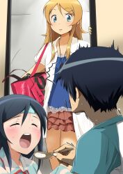  1boy 2girls aqua_eyes aragaki_ayase black_hair blush brown_hair closed_eyes cold_pack commentary_request feeding highres holding holding_spoon jewelry kousaka_kirino kousaka_kyousuke long_hair maabou multiple_girls necklace open_mouth ore_no_imouto_ga_konna_ni_kawaii_wake_ga_nai sick skirt spoon surprised sweat walk-in 