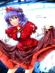  bad_id bad_pixiv_id belt bowing clothes_lift curtsey female hair_ornament happy_birthday heart highres jewelry kuga_huna mirror necklace purple_hair red_eyes shirt short_hair skirt skirt_lift smile solo touhou yasaka_kanako 