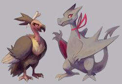  aerodactyl animal_focus bad_deviantart_id bad_id beak bird bone claws commentary dragon eyelashes fangs full_body glitchedpuppet grey_background hair_ornament mandibuzz no_humans pink_eyes pokemon pokemon_(creature) pokemon_mystery_dungeon ribbon standing vulture 