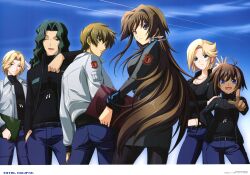  3boys 3girls :d ;d absurdres artist_name blonde_hair blue_eyes breasts brown_eyes brown_hair cloud contrail dark_skin day dog_tags emblem green_hair hair_ribbon highres holding imageboard_desourced insignia jacket leaning_on_person long_hair looking_at_viewer medium_breasts military military_uniform miyata_sou multiple_boys multiple_girls muv-luv muv-luv_alternative muv-luv_total_eclipse non-web_source one_eye_closed open_clothes open_jacket open_mouth over_shoulder paint.net_(medium) pantyhose pointing pointing_at_viewer purple_eyes ribbon salute short_hair sky smile stella_bremer takamura_yui tarisa_manandal track_jacket uniform valerio_giacosa vincent_lowell wavy_hair yuuya_bridges 