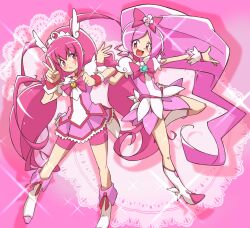  2girls :d antenna_hair bike_shorts blush boots bow bowtie brooch choker color_connection commentary_request cure_blossom cure_happy eyelashes full_body hairbow hanasaki_tsubomi head_wings heart heart_brooch heartcatch_precure! high_ponytail highres hoshizora_miyuki in-franchise_crossover jewelry knee_boots locked_arms long_hair low_twintails magical_girl multiple_girls onimaru_(onimal7802) open_mouth pink_background pink_bow pink_bowtie pink_choker pink_eyes pink_hair pink_shorts pink_skirt pink_theme ponytail precure puffy_sleeves ribbon shorts shorts_under_skirt skirt smile smile_precure sparkle tiara twintails v wide_ponytail wings wrist_cuffs 