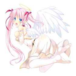  angel ass bad_id bad_pixiv_id blue_eyes blush breast_press breasts dress female halo long_hair medium_breasts no_nipples open_mouth original pink_hair simple_background solo tears thighhighs traditional_halo twintails uneven_twintails white_background white_thighhighs wings yanagi_yuu 