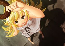  araragi_koyomi arm_up barefoot blonde_hair commentary_request doughnut dress female food foreshortening from_above long_hair monogatari_(series) murata_isshin nisemonogatari oshino_shinobu perspective shadow yellow_eyes 