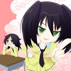  alternate_hairstyle bags_under_eyes black_hair commentary_request emiru_(mikosan) female green_eyes imagining kuroki_tomoko necktie pointing school_uniform smile watashi_ga_motenai_no_wa_dou_kangaetemo_omaera_ga_warui! 