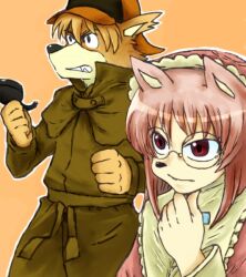  1boy 80s animal_ears canine cheadle_yorkshire coat dog_ears female frills glasses hat hunter_x_hunter meitantei_holmes oldschool orange_background pink_hair red_eyes sherlock_hound 