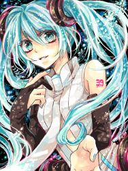  aqua_eyes aqua_hair bare_shoulders bridal_gauntlets eyelashes female hatsune_miku hatsune_miku_(append) light_smile long_hair makoto_(roketto-massyumaro) nail_polish necktie oekaki parted_lips solo tattoo tegaki twintails very_long_hair vocaloid vocaloid_append 