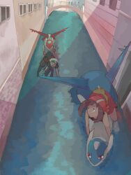  1boy brendan_(pokemon) brown_hair closed_eyes female flying latias latios mata_tabi may_(pokemon) pokemon pokemon_(creature) pokemon_emerald pokemon_rse red_eyes riding riding_pokemon tegaki water 