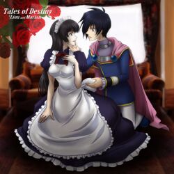  apron black_hair blue_eyes breasts cape copyright_name dress female flower grey_eyes leon_magnus long_hair lowres maid maid_apron maid_headdress marian pants rose short_hair tales_of_(series) tales_of_destiny title_drop 