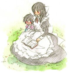  apron black_hair blush book breasts brown_eyes cape dress female leon_magnus long_hair lowres maid maid_apron marian open_mouth purple_eyes short_hair smile tales_of_(series) tales_of_destiny young younger 