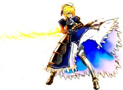  ahoge armor armored_dress artoria_pendragon_(fate) blonde_hair commentary_request dress excalibur_(fate/stay_night) fate/zero fate_(series) female gauntlets glowing glowing_weapon green_eyes invisible_air_(fate) nakamura_eight photoshop_(medium) saber_(fate) solo sword weapon 