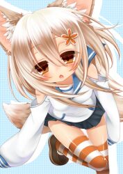  animal_ears blonde_hair blush brown_eyes chestnut_mouth commentary_request felt_(inuue_kiyu) female hair_ornament highres inuue_kiyu oerba_yun_fang original shoes skirt sleeves_past_fingers sleeves_past_wrists solo striped_clothes striped_thighhighs tail thighhighs zettai_ryouiki 