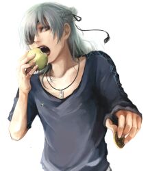  1boy apple bad_id bad_pixiv_id blue_eyes braid coin eating eyepatch food french_braid fruit grey_hair half_updo highres male_focus shirt solo t-shirt the_last_story umaksak white_hair yuris_(the_last_story) 