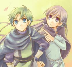  1boy belly_chain blue_dress blue_eyes cape cloak commentary_request dress female fire_emblem fire_emblem:_the_binding_blade green_hair jewelry long_hair long_sleeves looking_up petals photoshop_(medium) purple_eyes purple_hair raigh_(fire_emblem) robe serina_ranshi simple_background smile sophia_(fire_emblem) very_long_hair 