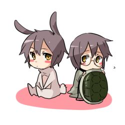  6_(yuchae) animal_costume bad_id bad_pixiv_id blush_stickers brown_eyes chibi dual_persona female glasses nagato_yuki purple_hair rabbit_costume simple_background sitting suzumiya_haruhi_no_shoushitsu suzumiya_haruhi_no_yuuutsu turtle_shell v_arms white_background yellow_eyes 