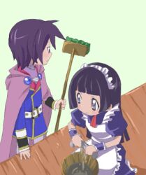  1boy belt black_hair broom cape dress female leon_magnus long_hair lowres maid maid_headdress marian pants purple_eyes short_hair tales_of_(series) tales_of_destiny water 