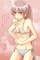  alternate_hairstyle bikini blush breasts collarbone commentary_request cowboy_shot embarrassed female fire_emblem fire_emblem:_the_binding_blade groin long_hair lowres navel photoshop_(medium) pink_background ponytail purple_eyes purple_hair serina_ranshi side-tie_bikini_bottom small_breasts sophia_(fire_emblem) sweatdrop swimsuit translated very_long_hair 