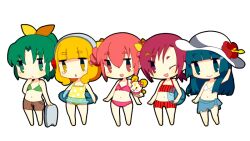  5girls aano_(10bit) aoki_reika blonde_hair blue_eyes blue_hair blue_sarong bow candy_(smile_precure!) casual_one-piece_swimsuit chibi commentary_request flower green_eyes green_hair hairband hat hino_akane_(smile_precure!) hoshizora_miyuki innertube kickboard midorikawa_nao multiple_girls navel one-piece_swimsuit one_eye_closed open_mouth pink_bow polka_dot polka_dot_swimsuit precure red_eyes red_hair sarong short_hair simple_background smile smile_precure swim_ring swimsuit white_background white_hairband yayoi_kise yellow_eyes 