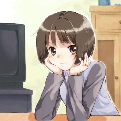  amagami bob_cut brown_eyes brown_hair female head_rest looking_at_viewer short_hair smile tachibana_miya takano_natsuki television 