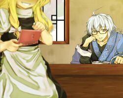  1boy ahoge akito_(azure_garden) apron blonde_hair bow collarbone commentary_request female glasses grin hairbow handheld_game_console highres kirisame_marisa long_hair long_sleeves morichika_rinnosuke nintendo_ds short_hair smile touhou white_hair window yellow_eyes 