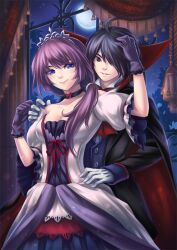  1boy alternate_costume araragi_koyomi black_hair blue_eyes cape choker commentary couple dress female gloves kaizeru long_hair monogatari_(series) moon night photoshop_(medium) purple_hair senjougahara_hitagi smile straight tiara window 