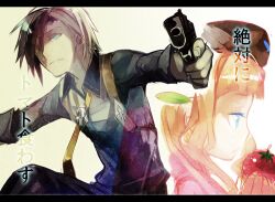  1boy aqua_eyes blue_eyes brown_hair coat elle_mel_martha female food gun hat long_hair ludger_will_kresnik multicolored_hair necktie pants short_hair tales_of_(series) tales_of_xillia tales_of_xillia_2 tomato twintails weapon 