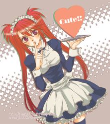  apron breasts female frills long_hair maid_headdress nanaly_fletch plate purple_eyes red_hair ribbon skirt tales_of_(series) tales_of_destiny tales_of_destiny_2 thighhighs twintails waitress 