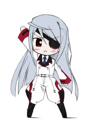  :&lt; blush boots chibi drawfag eyepatch female grey_hair infinite_stratos jodhpurs laura_bodewig long_hair lowres necktie pants pants_tucked_in red_eyes simple_background solo uniform waving white_background 