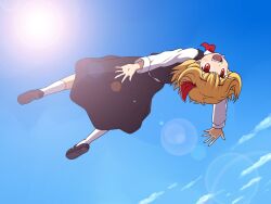  blonde_hair bow bowtie commentary_request day fangs female flying hairbow open_mouth red_eyes rumia shirosato sky solo touhou upside-down 