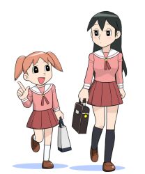  1960s_(style) 2girls azumanga_daioh&#039;s_school_uniform azumanga_daiou bag black_eyes black_hair commentary_request fujiko_f_fujio_(style) long_hair mihama_chiyo multiple_girls orange_hair parody pink_serafuku pink_shirt retro_artstyle sakaki_(azumanga_daioh) school_bag school_uniform serafuku shirt short_twintails skirt smile standing style_parody twintails ueyama_michirou winter_uniform 